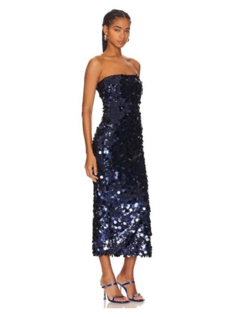 RUNAWAY THE LABEL Gabourne Dress Navy Strapless Sequin Midi Dress